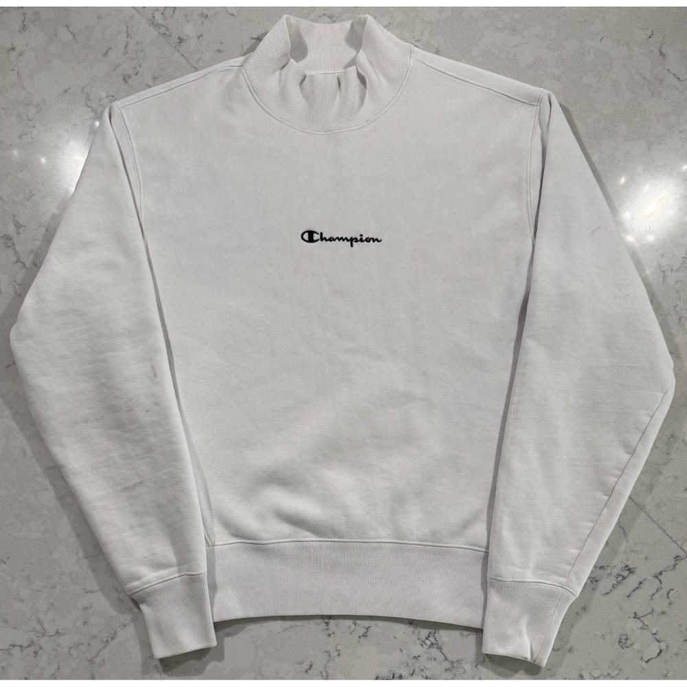 Champion Reverse Weave Sweatshirt Mens Medium White Mock Neck Embroidered Logo